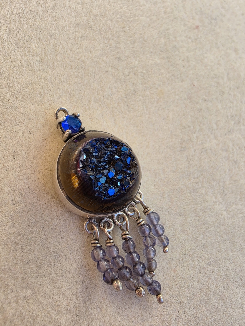 Sajen: 925 Sterling Silver Blue Druzy-Style Beaded Fringe Pendant • 2.84g